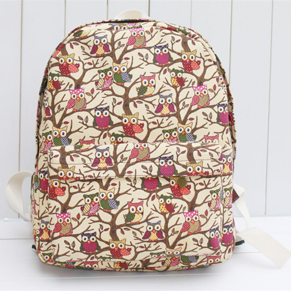 Multicolor Owls Print Canvas School Bag Travel Backpack on Luulla